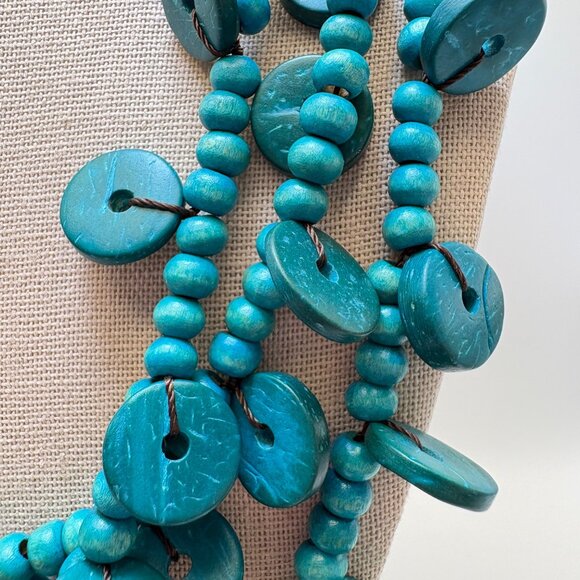 VTG Circle Disc & Round Coconut Wood Dyed Blue Triple Strand Necklace 30" Length - Picture 6 of 10
